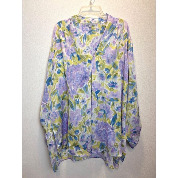 Floral & Ivy Womens XL Blouse Purple & Green Floral Print Lightweight Polyester - Picture 1 of 10